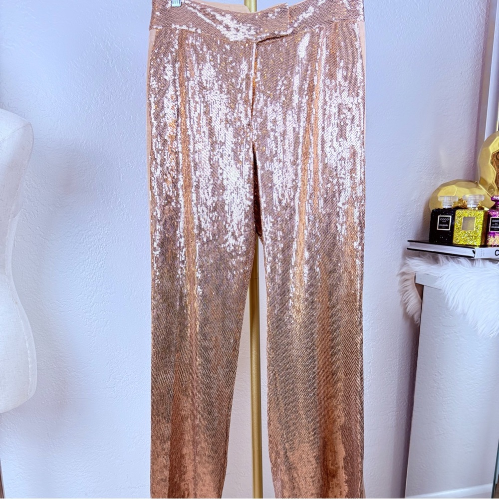 NWT Rachel Zoe Champagne Rose Gold Luxe‎ Glam Sequin Side Stripe Trousers 8